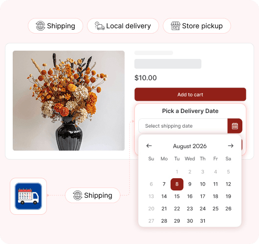 Shopify delivery date picker mockup with shipping, local delivery and store pickup tabs